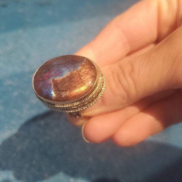 New Multicolor Flash Labradorite Antiqued 925 Silver Ring. - Picture 15 of 16